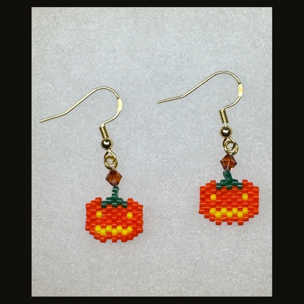 Handcrafted Small Beaded Pumpkin Jack O Lantern Earrings - Gold Plated - Picture 6 of 7